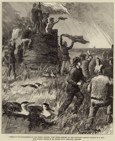 Naufragio del Strathmore en las Islas Crozet, Torre de Césped erigida por los Supervivientes, haciendo Señales a un Barco de William Heysham Overend